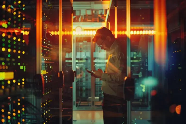 uma-figura-solitaria-imersa-na-tecnologia-dentro-de-uma-sala-de-servidores-vibrante-iluminada-por-um-brilho-ambiente-quente-verificando-diligentemente-os-sistemas-768x512